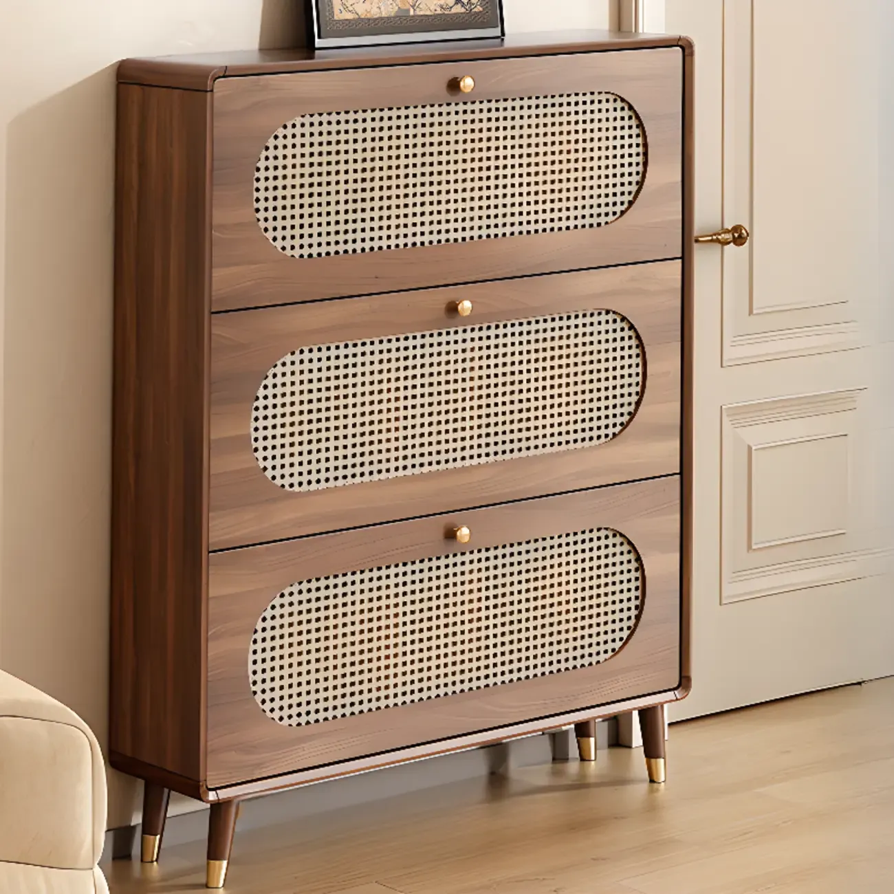 Bohemian Slim Brown Drop-Front Wood Shoe Cabinet