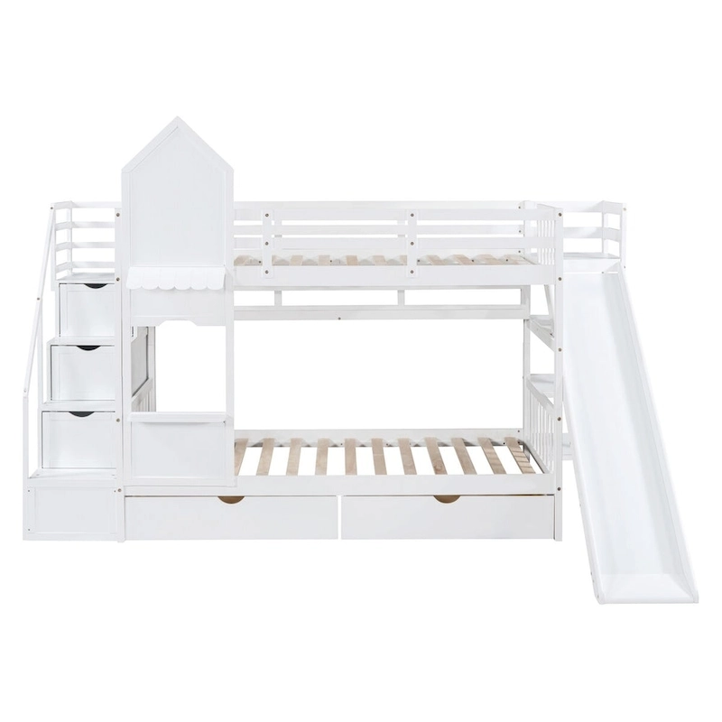 Twin-Over-Twin Castle Style Bunk Bed with Drawers,Shelves,Slide