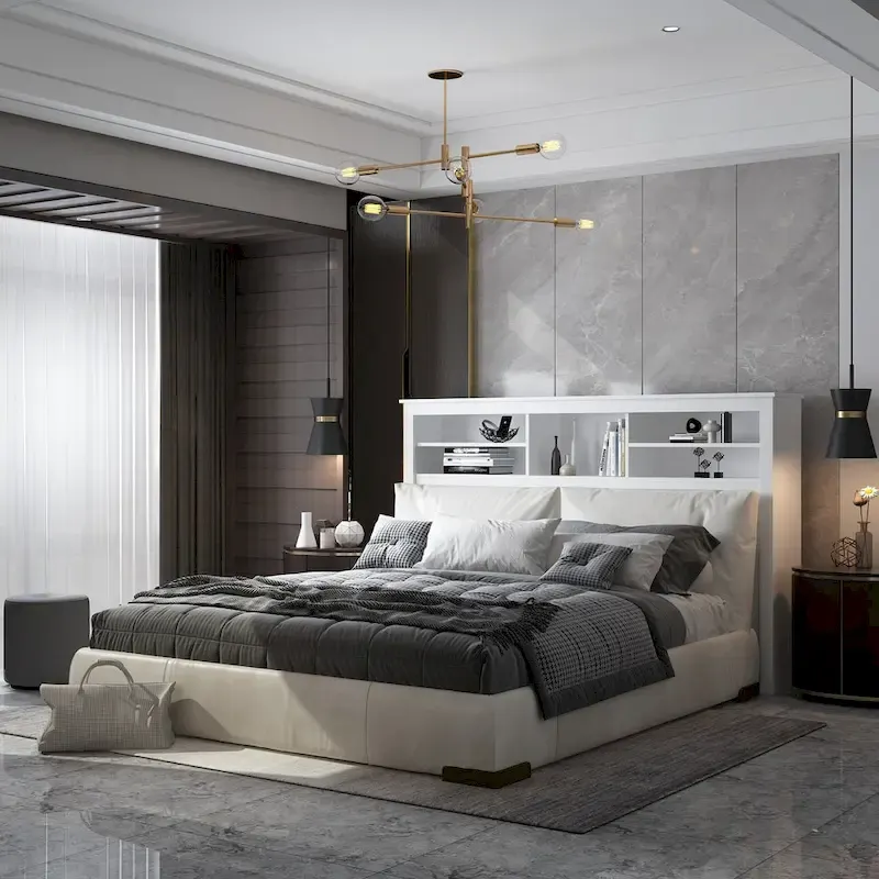 White Bookcase Headboard with RGB LED Lights and Adjustable Shelves – Queen, Single Bed