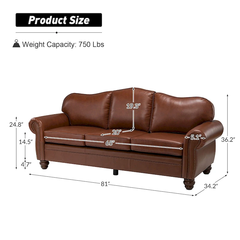 Balvino 81 Wide Transitional Genuine Leather Rolled Arm Sofa with Nailhead Trim and Removable Cushions