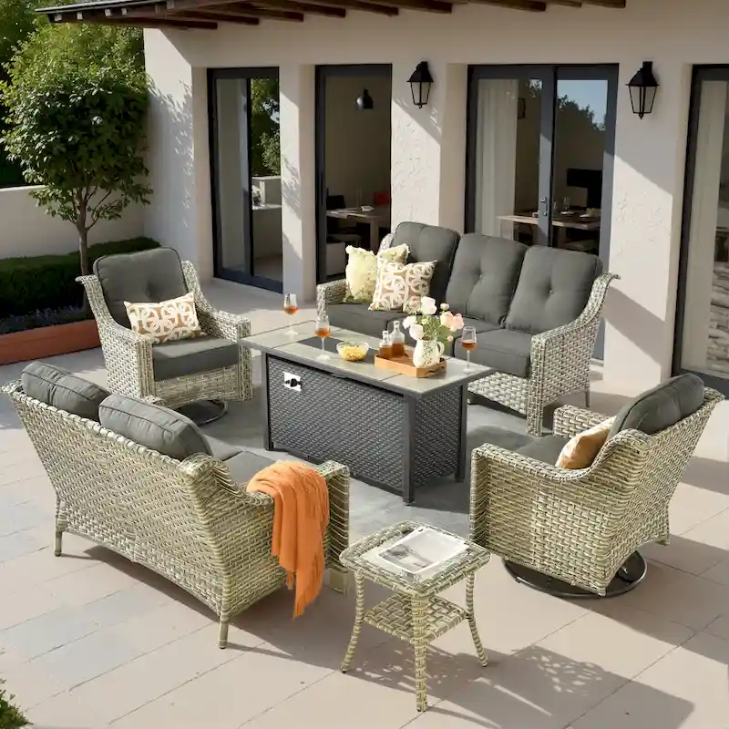 XIZZI 6-piece Patio Wicker Furniture Set with Fire Pit Table