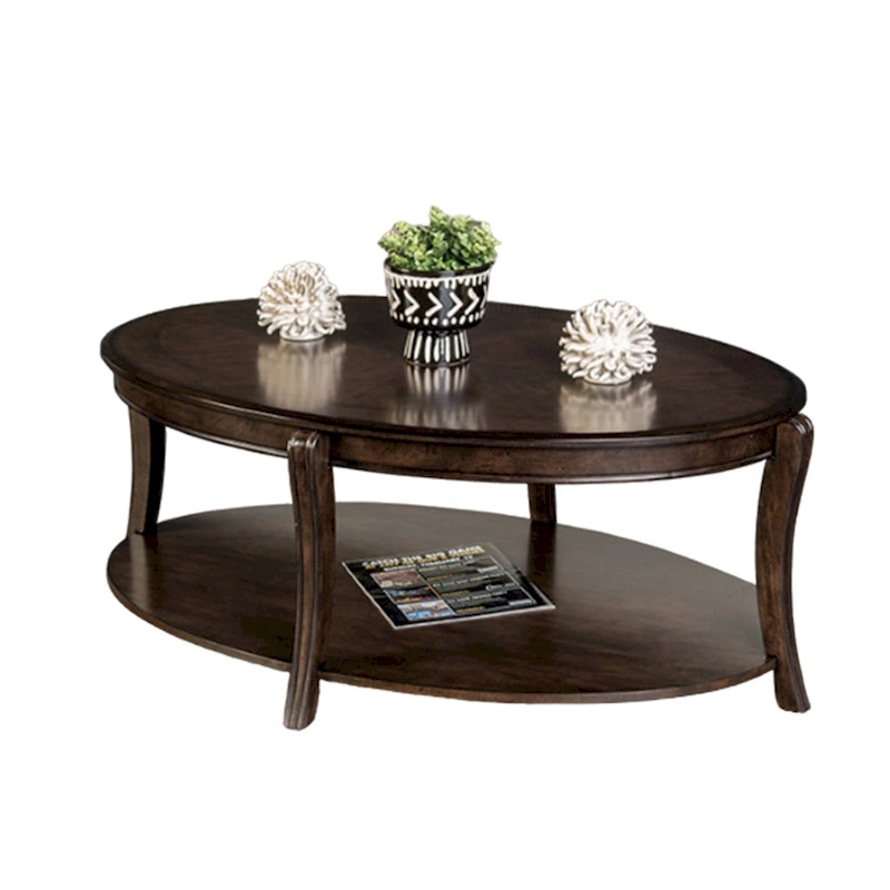 Orio Coffee Table with Open Shelves, 49 Inch Oval Top, Brown Wood