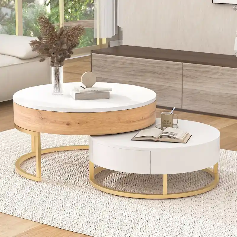 Modern Round Lift-top Nesting Coffee Tables with 2 Drawers White & Black