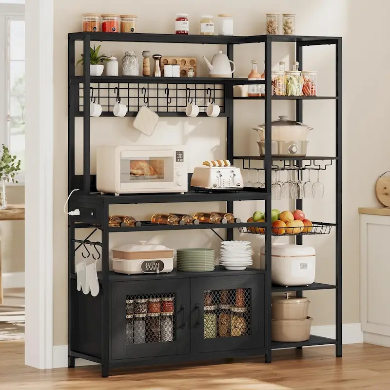 47.2 in Bakers Rack with Power Outlet Coffee Bar with Cabinet