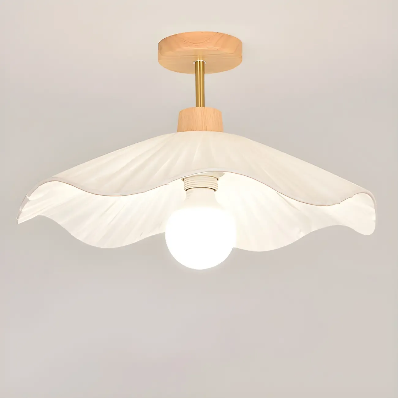 Natural Finish Wood Semi Flush Ceiling Light with Fabric Shade