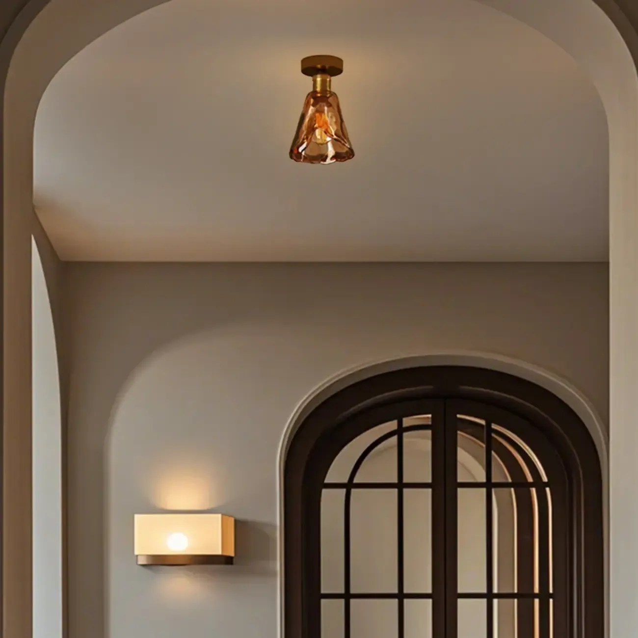 Modern Brass Amber Glass Cone Semi Flush Ceiling Light