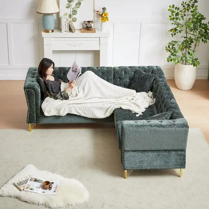 Green 81.5 Chenille L-Shaped 5-Seat Sofa