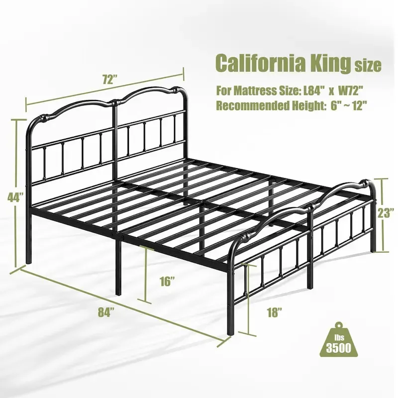 Heavy Duty Anti-Sway 18 Inch High Steel Tube Iron Bed, Double Wave Headboard And Footboard