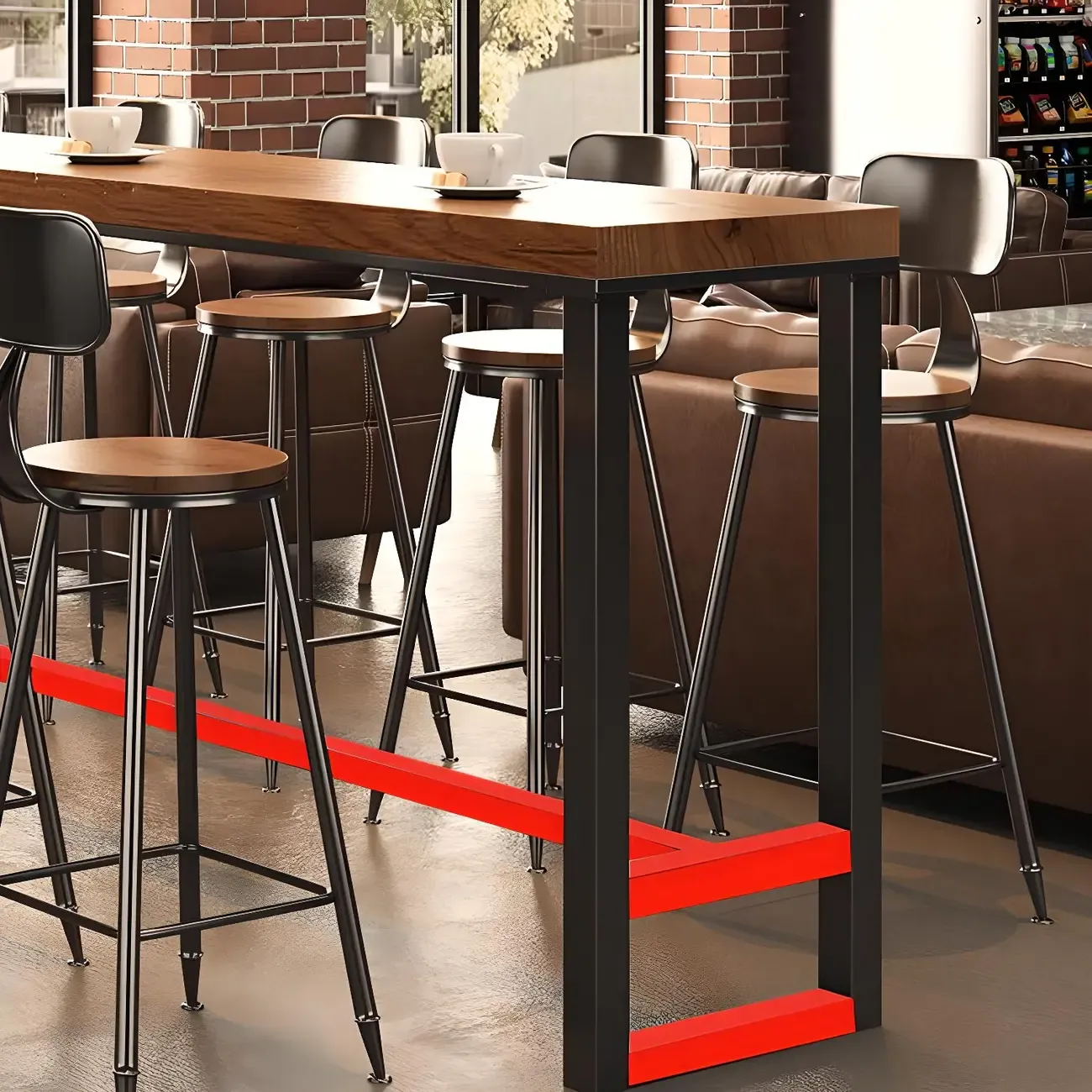 Brown Rectangular Pine Wood Bar Table with Steel Base