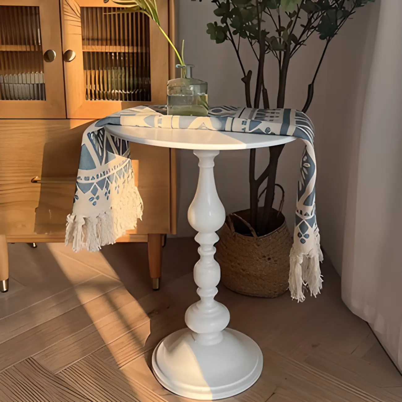 Classic Brown-White Wood Round Pedestal Chairside Table