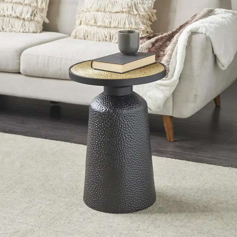 Metal Handmade Side End Accent Table with Rope Tabletop - Black