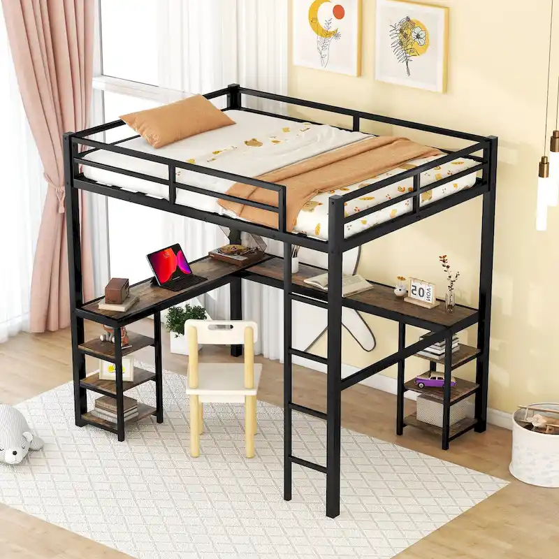 Full Size Metal Loft Bed with Desk and Shelves, Ladder and Guardrails, Vintage wood-colored desk
