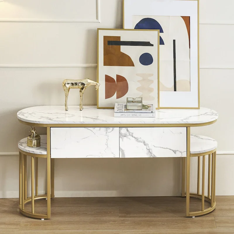 Ivinta White Sofa Table, Modern Faux Marble Top, Console Table with Gold Metal Frame