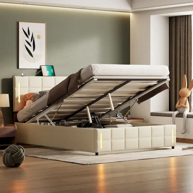 Queen Size Upholstered Bed with Hydraulic Storage System
