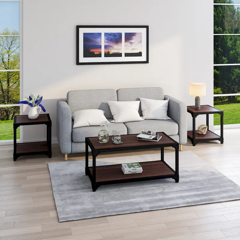 Davee 3 Pieces Wood and Metal Coffee Table Set with Shelf - 40x20x18 & 20x20x20 &20x20x20