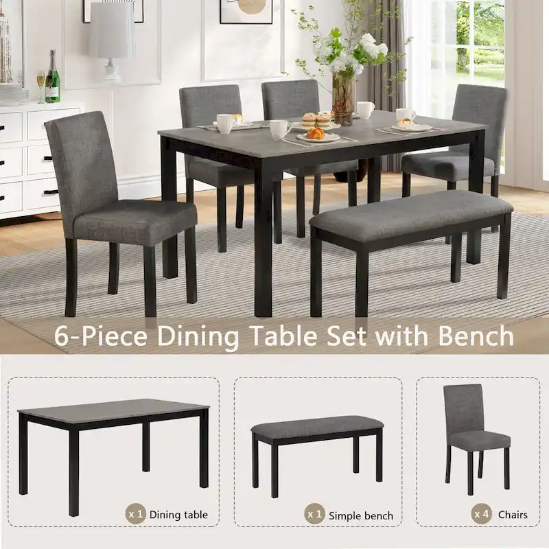 6 Piece Dining Table Set, Wooden Dining Table Set with Rectangular Dining Table, Bench and 4 Upholstered Chairs