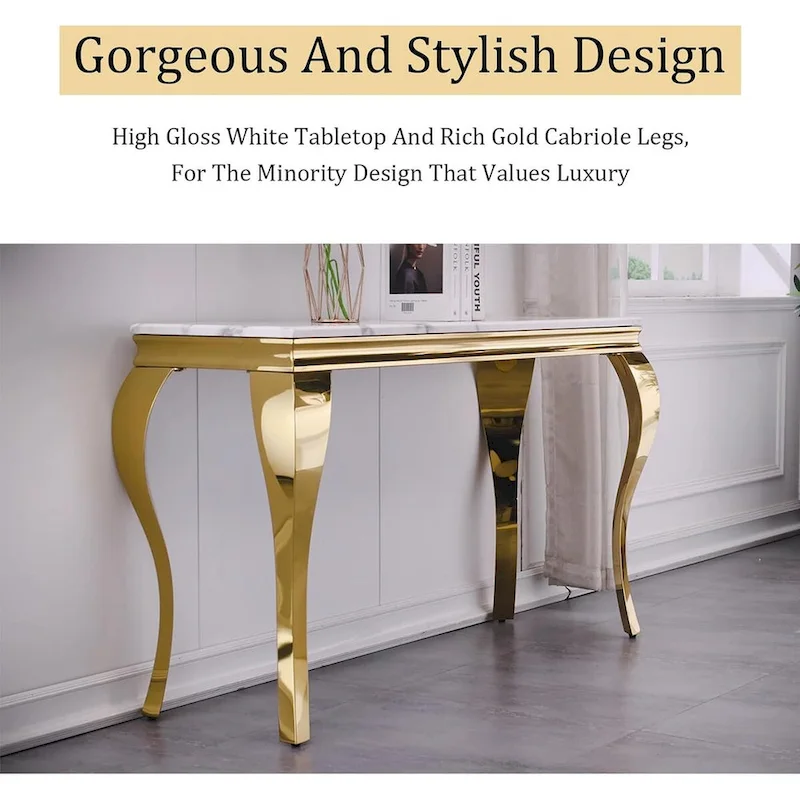 Luxury White and Gold Console Table with Polished Gold Cabriole Legs