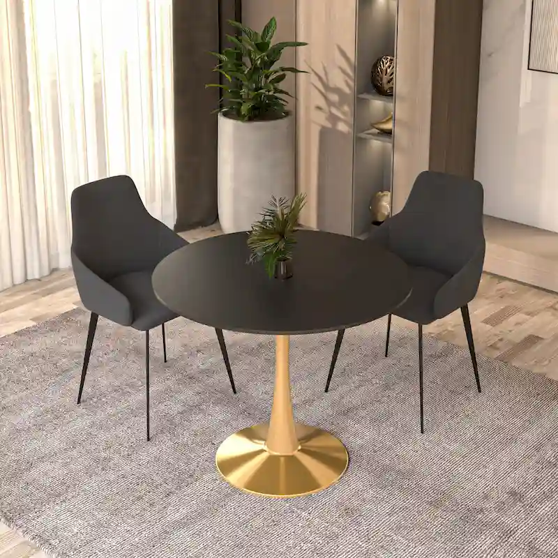 LeisureMod Bristol 35 Round Dining Table for 4 with MDF Tabletop in Gold Steel Base for Kitchen & Dining Room