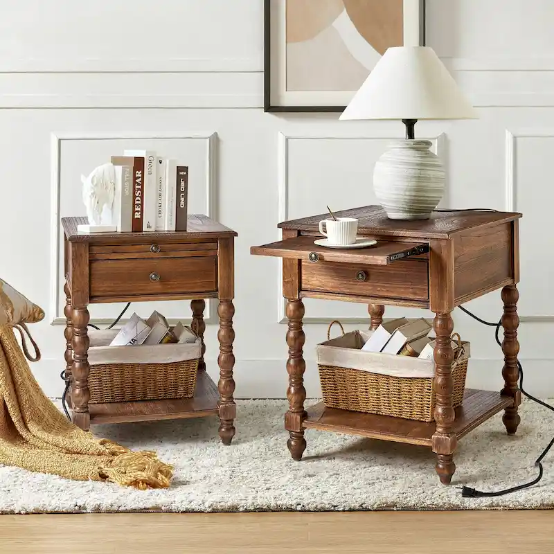 Eric Traditional 26 Tall Solid Wood End Table with USB Set of 2by HULALA HOME