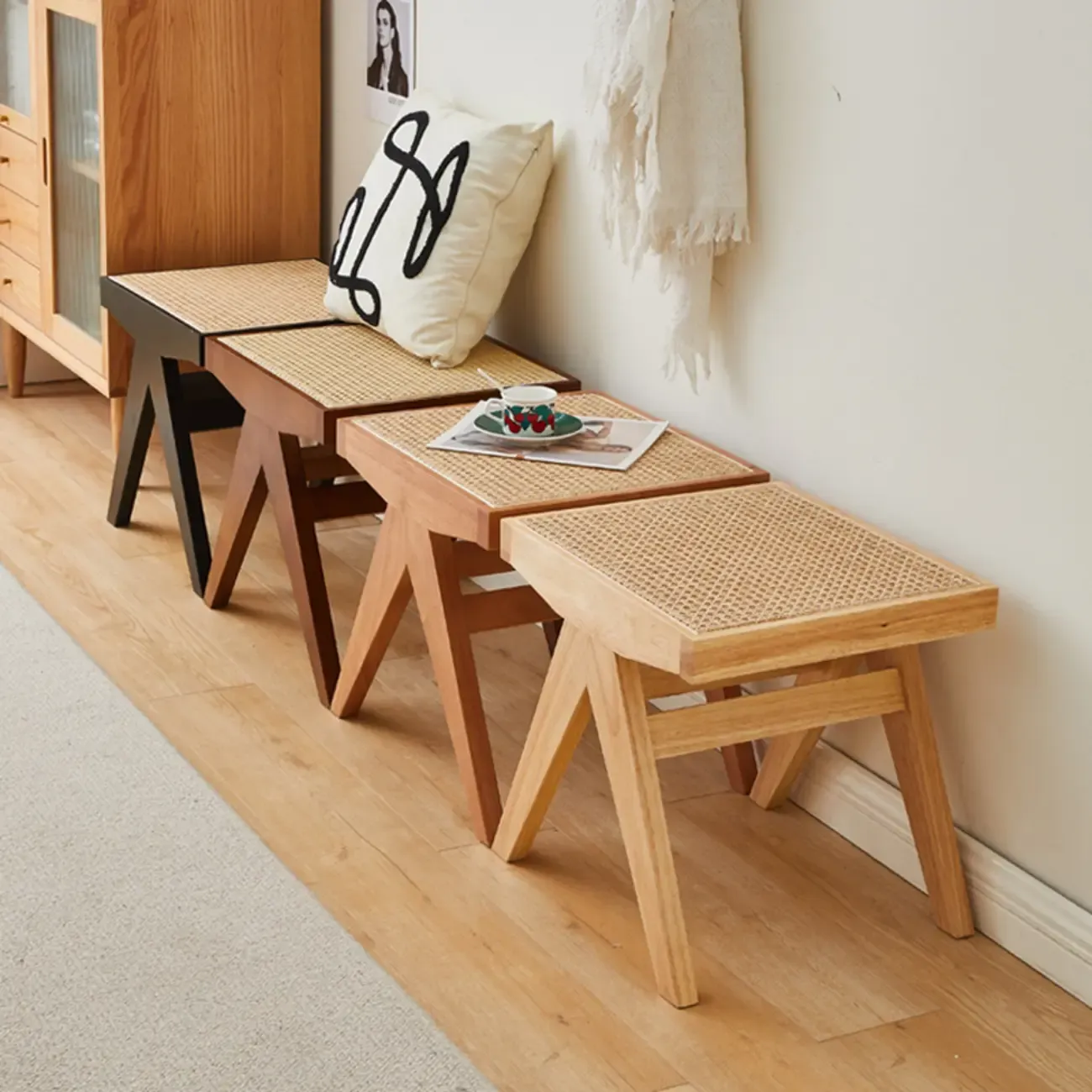 Elegant Rattan Top Finish Wooden Rectangular Cherry Benches