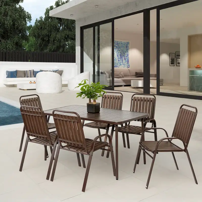 7 Piece Patio Dining Table Chair Set, Outdoor Conversation Furniture Set with Rectangular Steel Table and 6 Chairs
