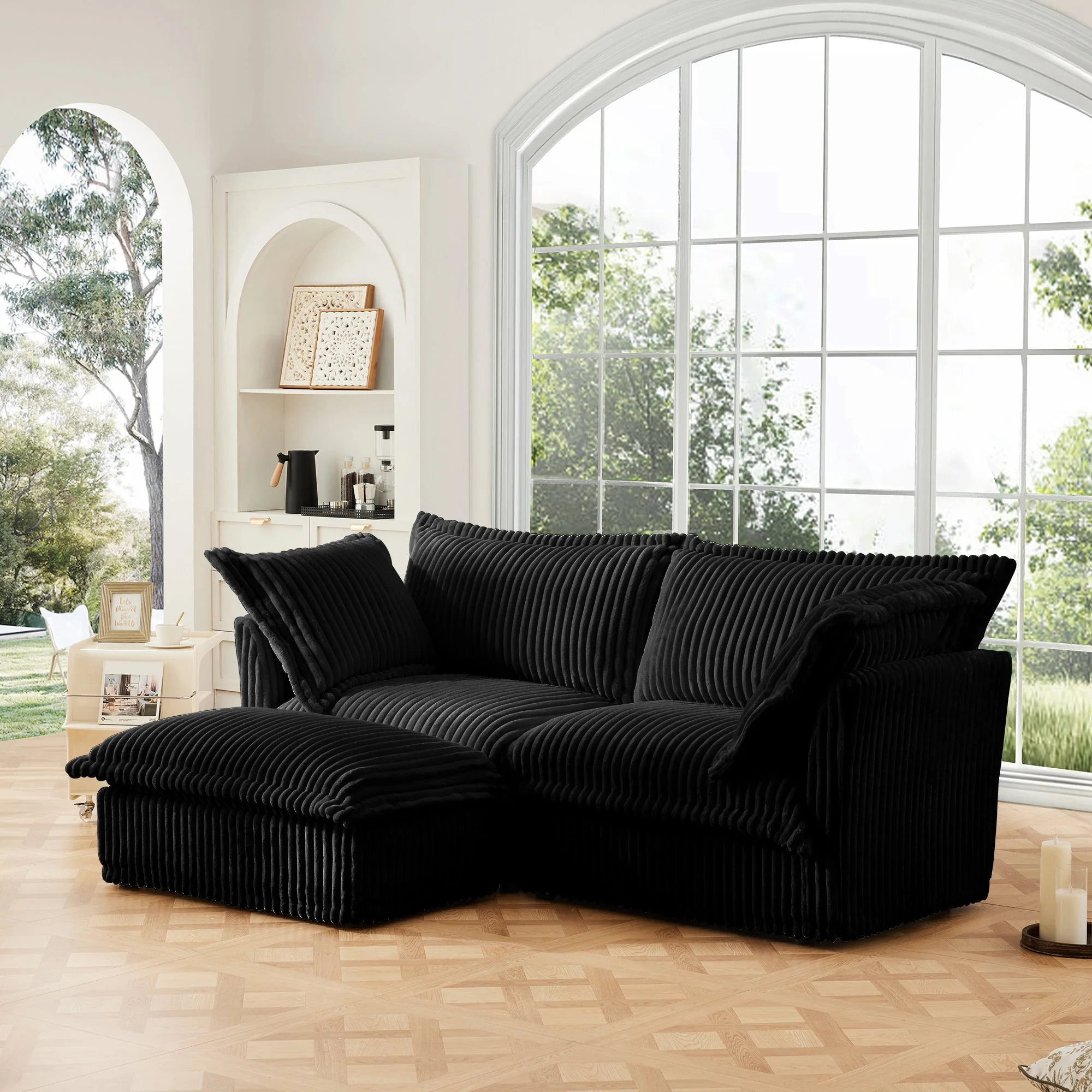 Walker Edison | Cloud Slipcovered Black Sectional Sofa with Ottoman