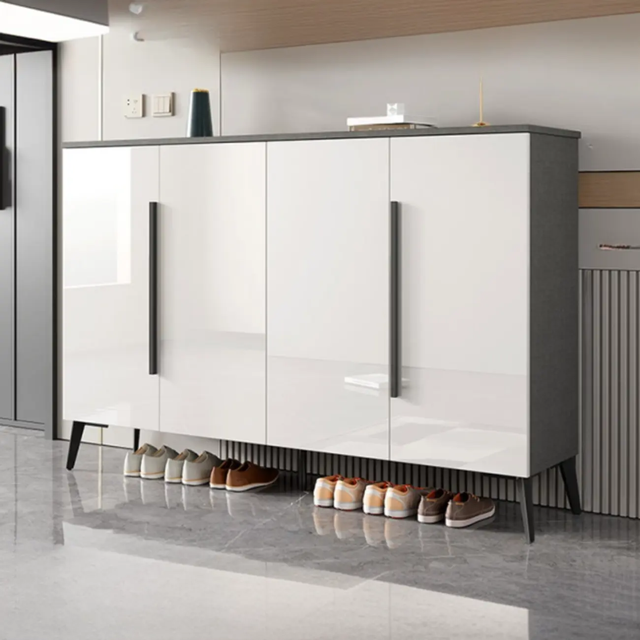 Trendy Gray-White Wooden Shoe Cabinet with Display Top