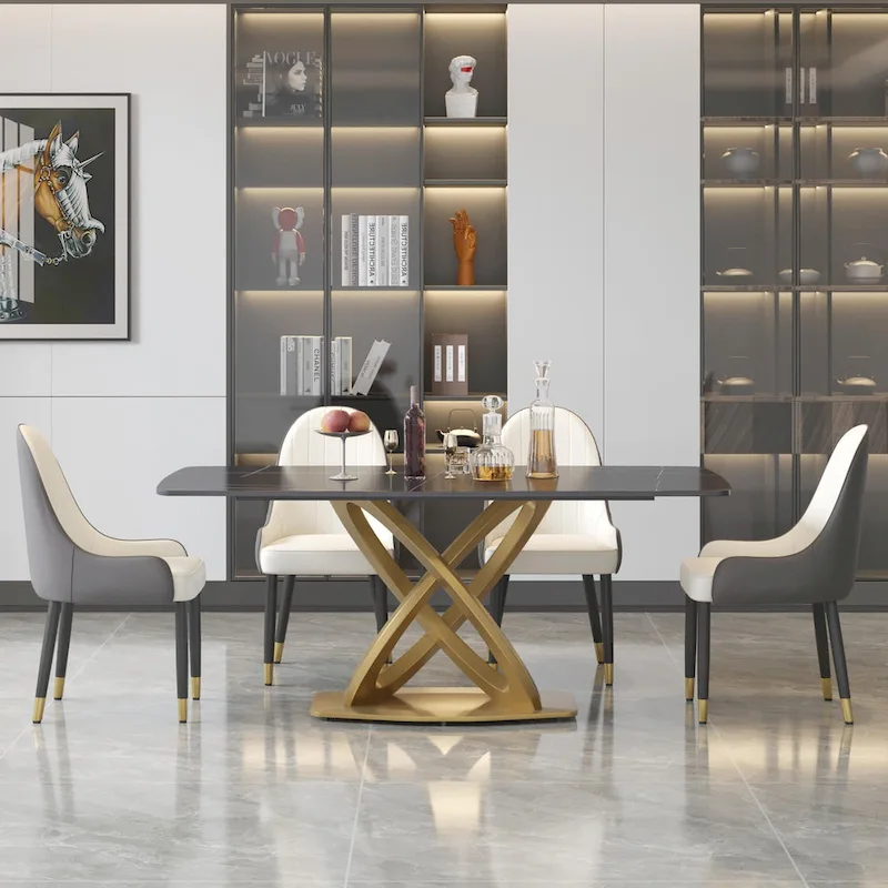 71 Modern Dining Table with Rectangular Sintered Stone Tabletop and Gold Base