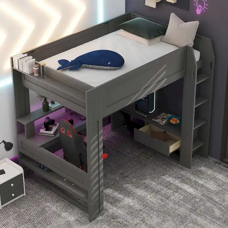 Wood Full Size Gaming Loft Bed with Desk, Multi-storage Shelves, LED and Charging Station, Dark Gray