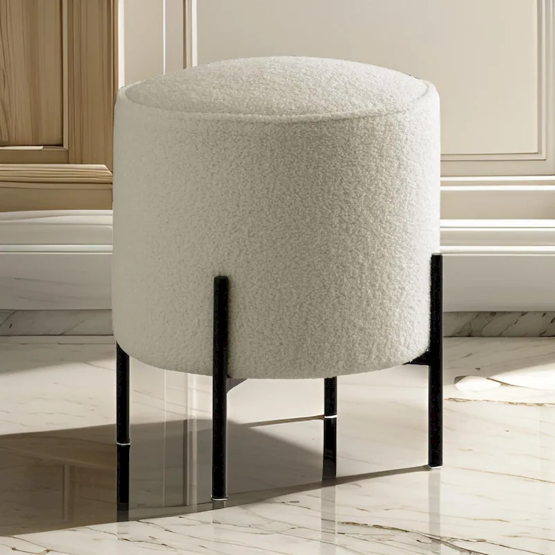 18 Inch Modern Foam Ottoman, Beige Faux Sheep Skin, Matte Black Metal Legs