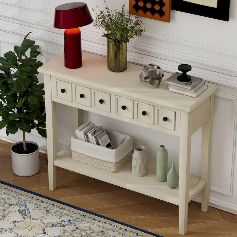 38.2 Rustic Console Table with Open Shelf and Three Drawers, Rubber Wood Legs