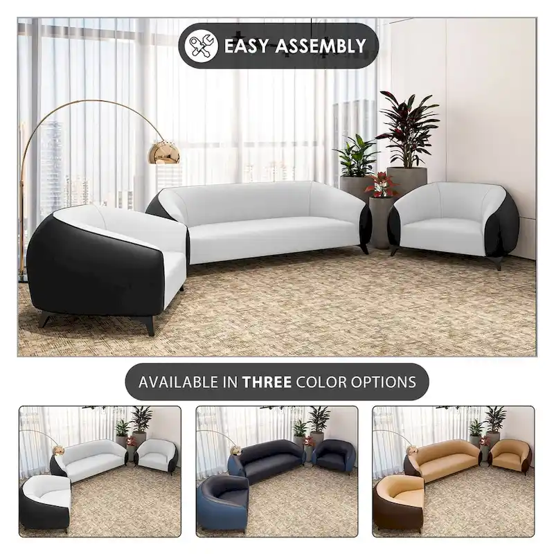 3-Piece Modern Sofa Set with Vegan Leather, Solid Wood Frame, Steel Legs, Foam Cushions for Living Room