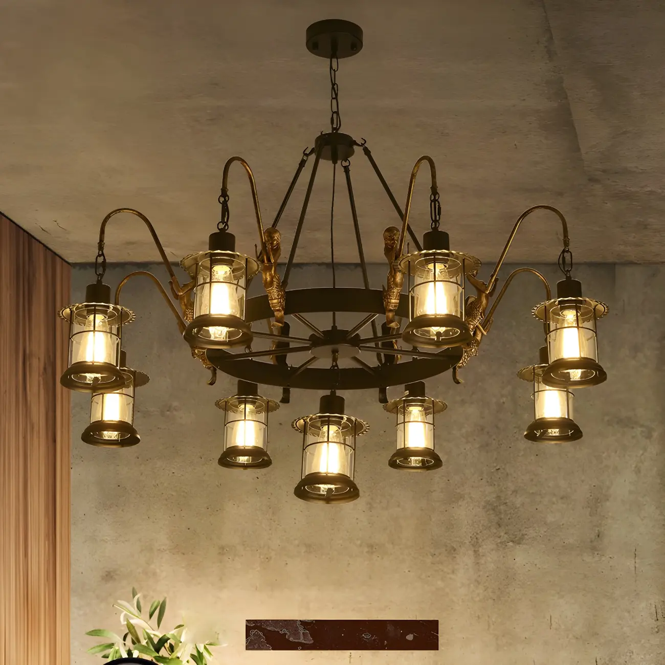 Industrial Black Metal Lantern Wheel Chandelier