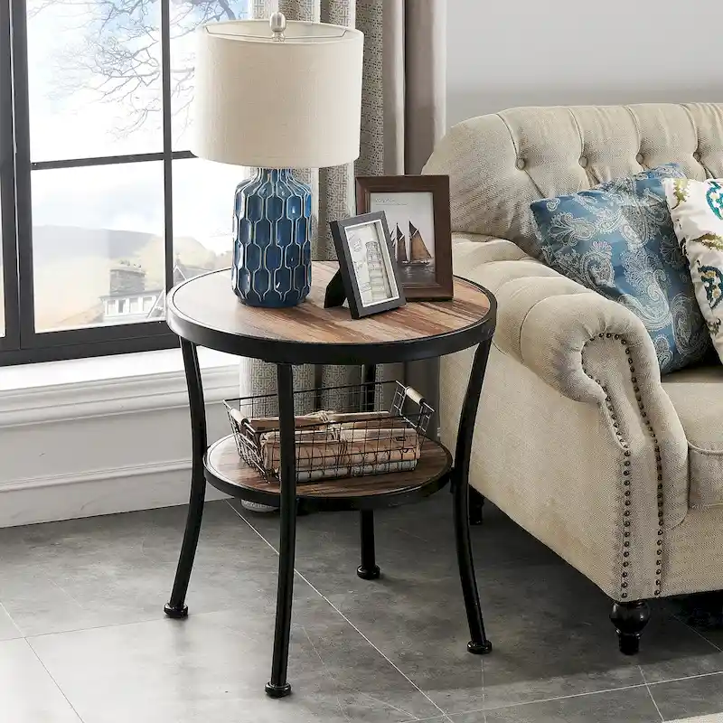 Myhozm Rustic Round End Table with Storage, Industrial Side Table for Living Room