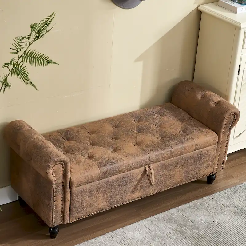 55.12 Upholstered Fabric Storage Ottoman Bench, Button Tufted Design, 275lbs Capacity for Living Room or Bedroom