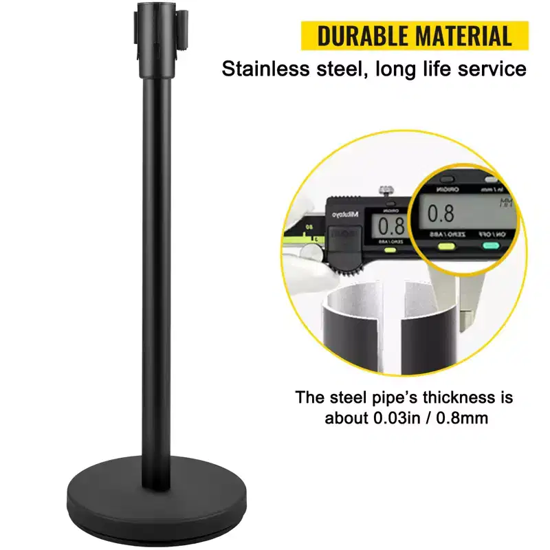Crowd Control Stanchion with 6.6 ft/2 m Black Retractable Belt, Black Crowd Control Barrier, Black