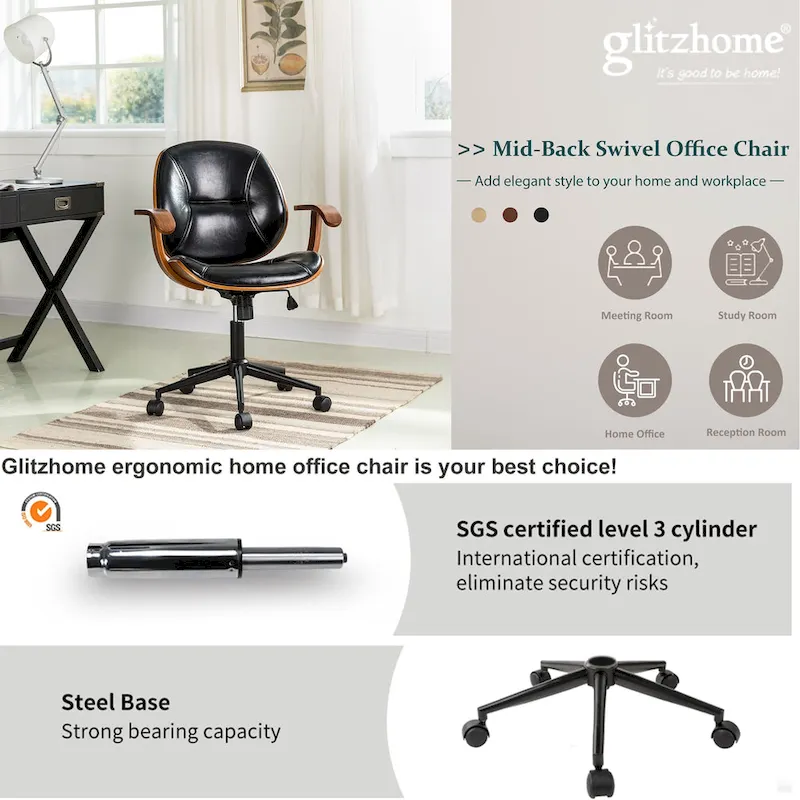 Glitzhome Leatherette Adjustable Swivel Desk Office Chair with Armrest Ergonomic Design
