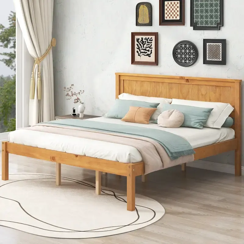Espresso Queen Size Pine Wooden Platform Bed with Headboard and Wood Slat Support