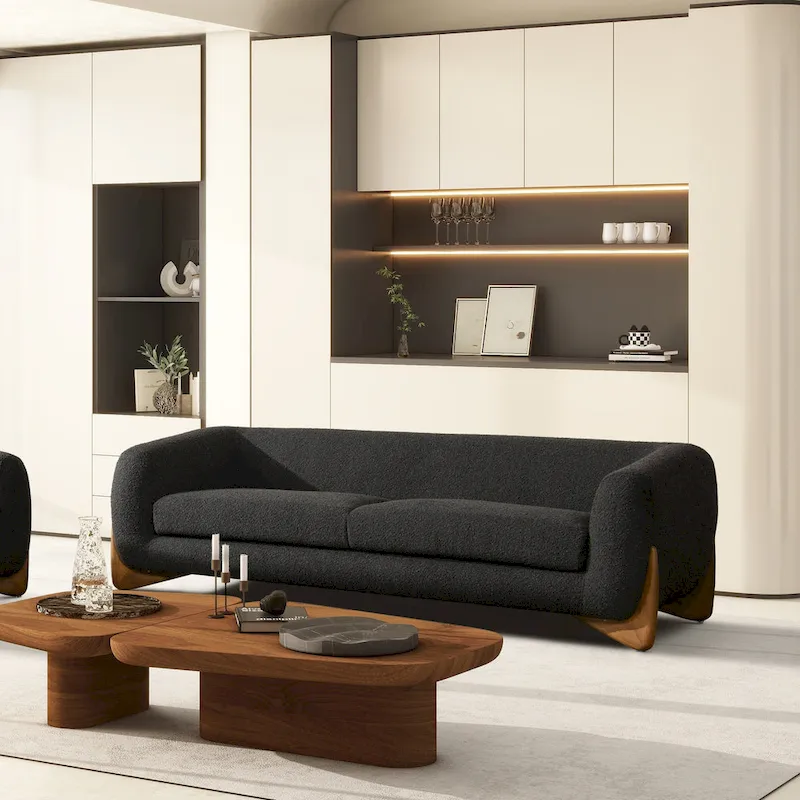 90.5 Boucle Upholstered Sofa with Wood Legs