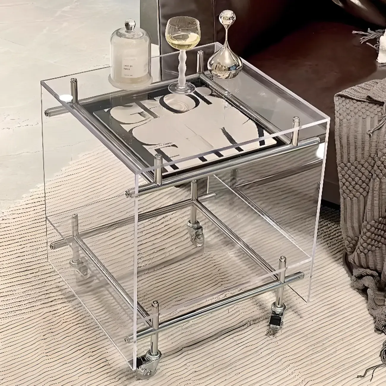 Stylish Clear Acrylic 360° Rolling Cubic Side Table