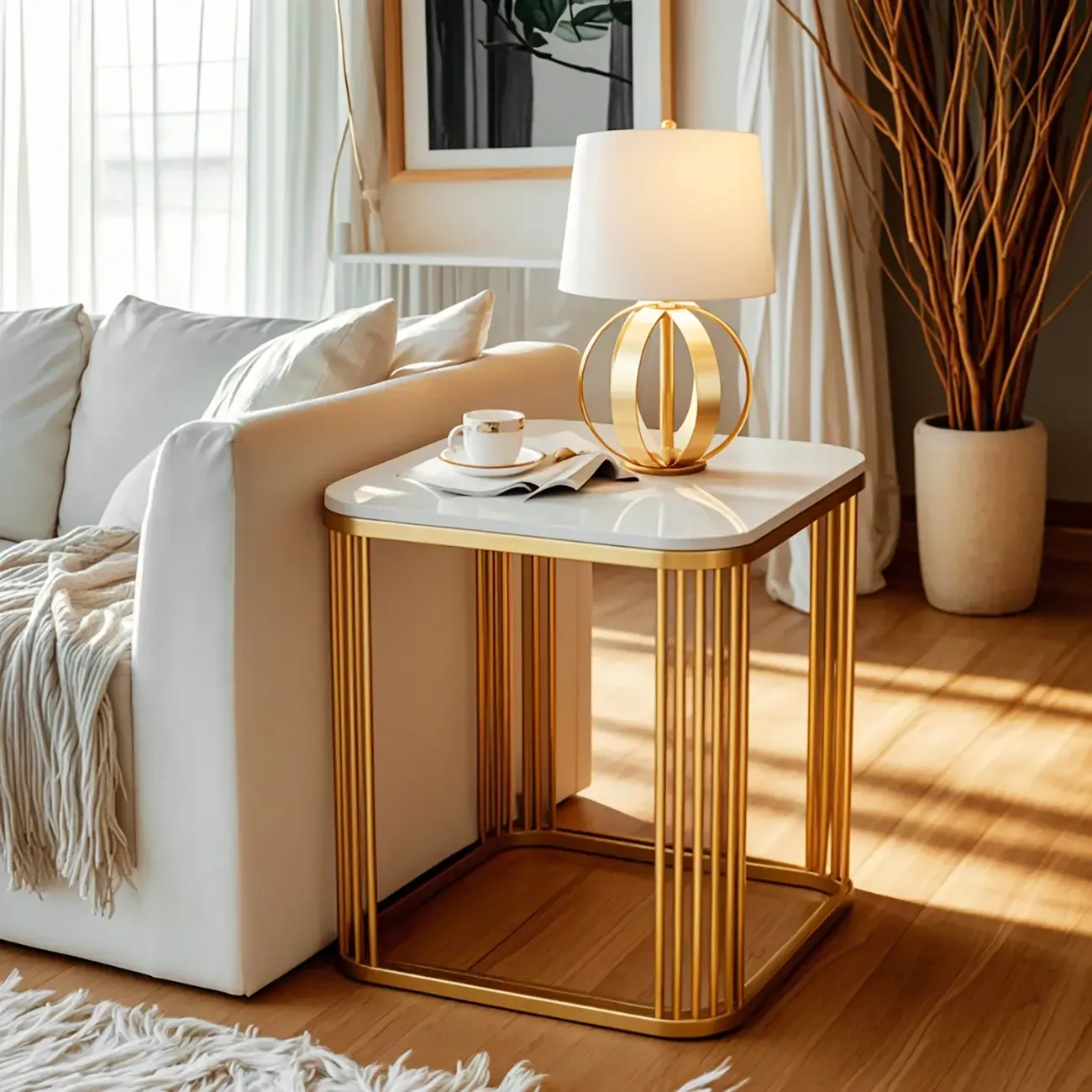 Glam Square Metal & Marble End Table for Living Room