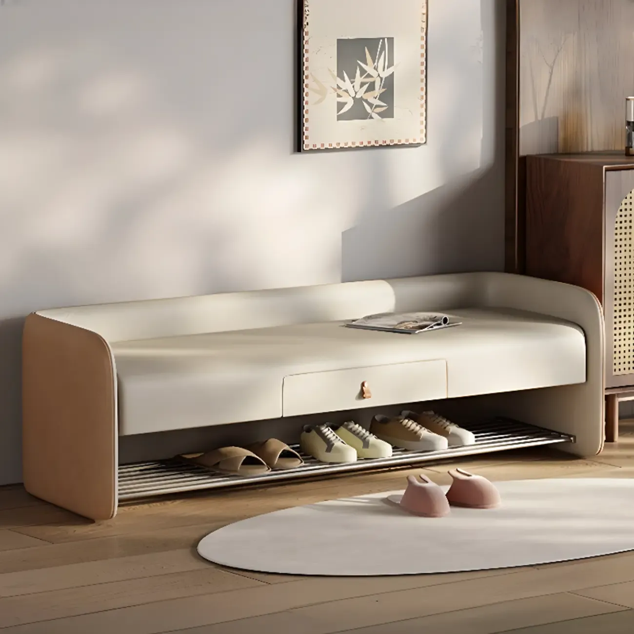 Living Room Pine Wood Upholstered Storage Bench with Backrest