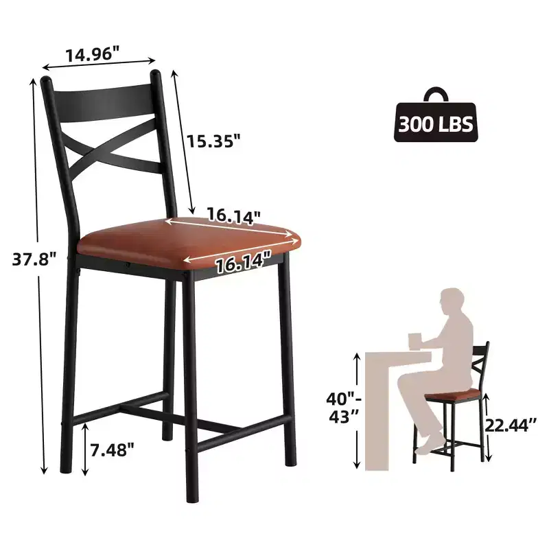 Set of 2 Counter Height Bar Stools with Back, Upholstered Faux Leather Bar Chairs with Thick Cushion and Footrest