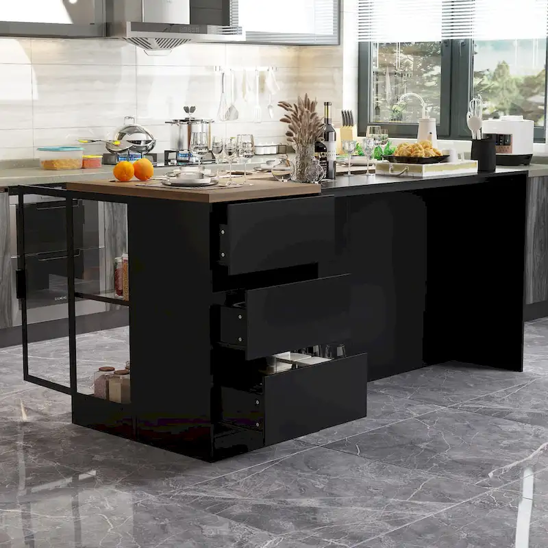 Kitchen Island with Drawers & Glass Cabinets, Converts to Office Desk