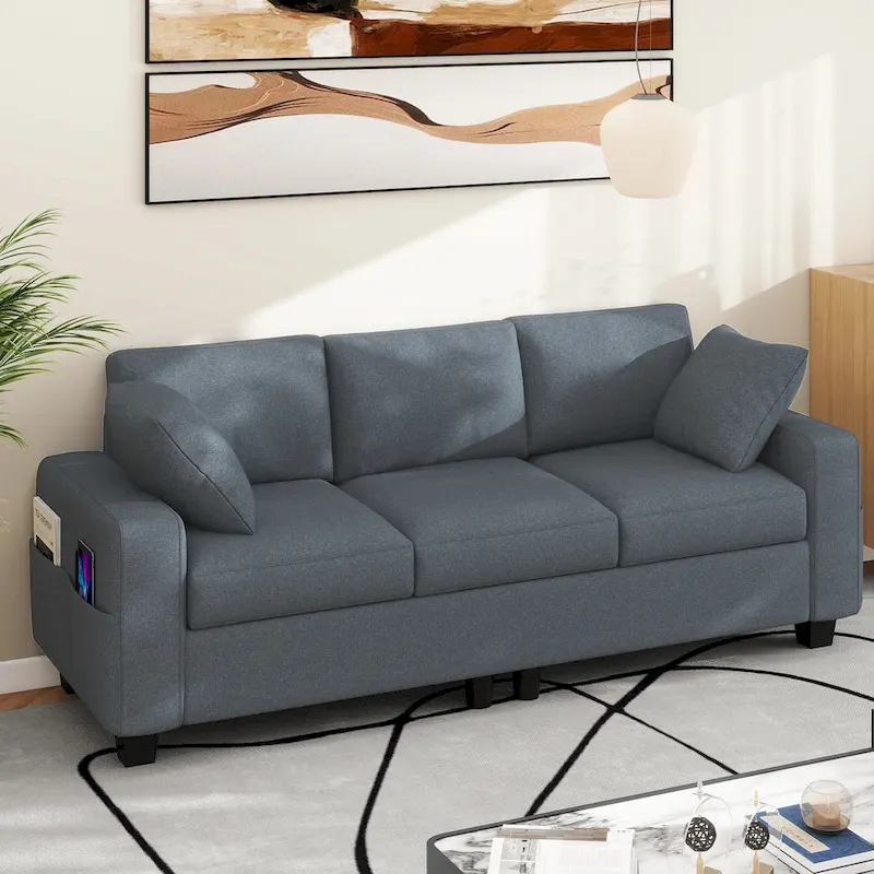 Moasis 80 3-seater Upholstered Sofa 2 Pillows Couches with Side Pockets for Living Room