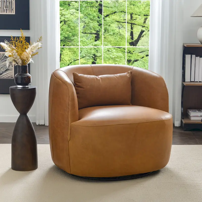 KINWELL Modern Top Grain Genuine Leather Swivel Armchair with Pillow