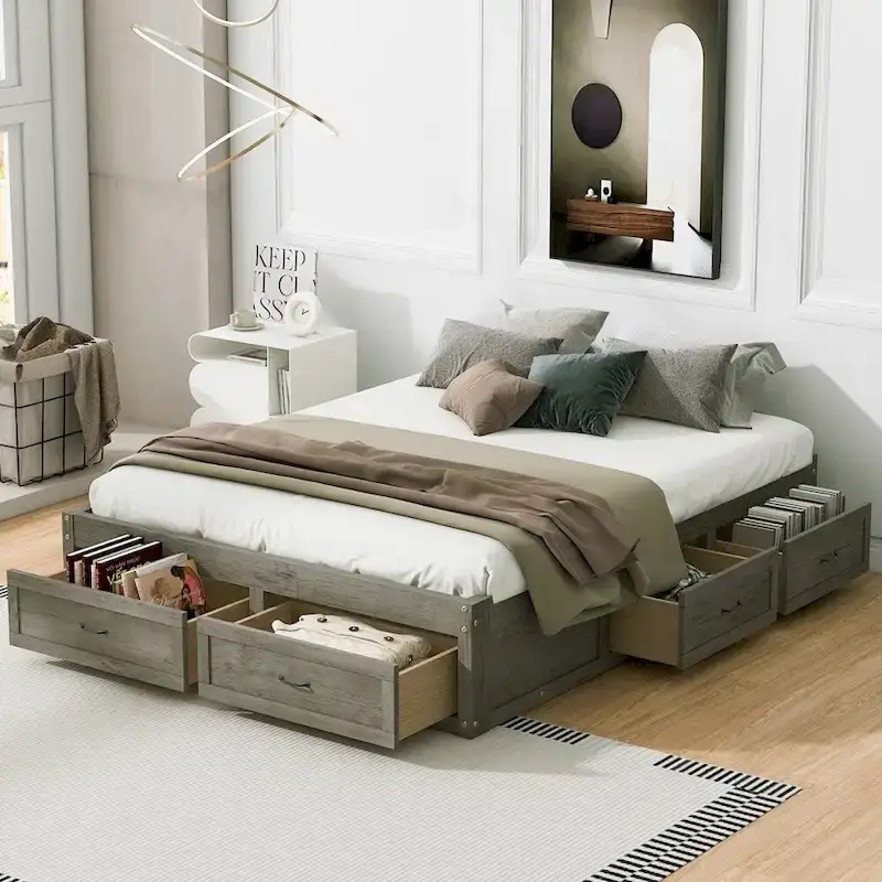 Queen Size Platform Bed with 6 Storage Drawers, Grey / Antique White / Antique Natural, for 2 People
