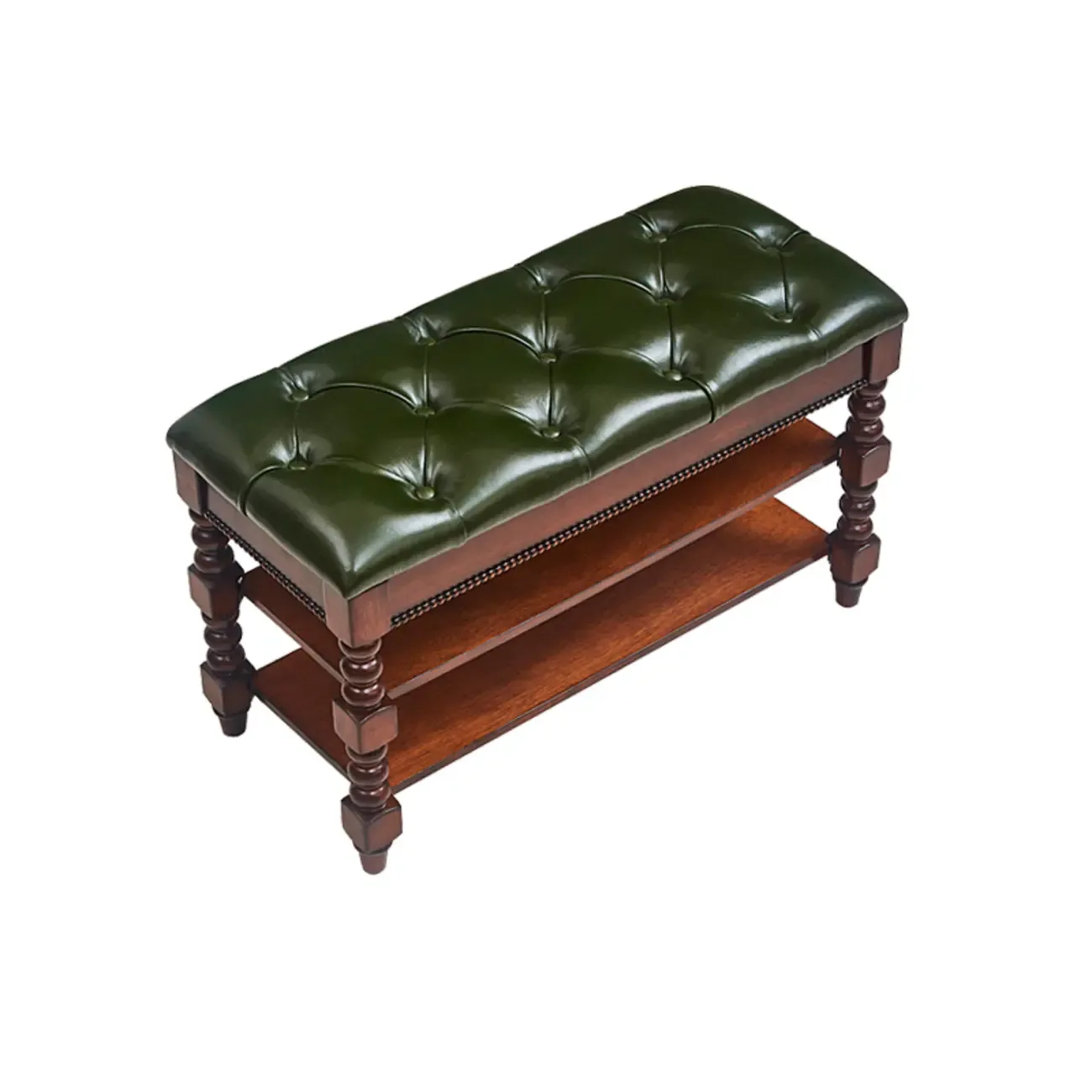 Antique Genuine Leather Flip-up Wood Bench with 2 Shelves