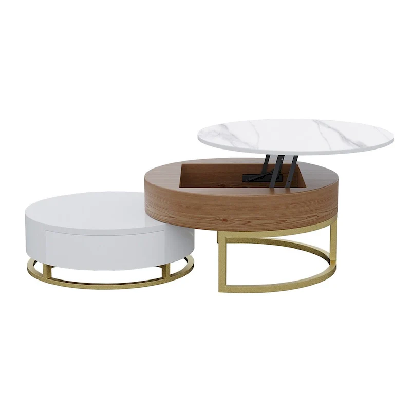 Round Wood Lift-top Nesting Coffee Table with Rotatable Drawers