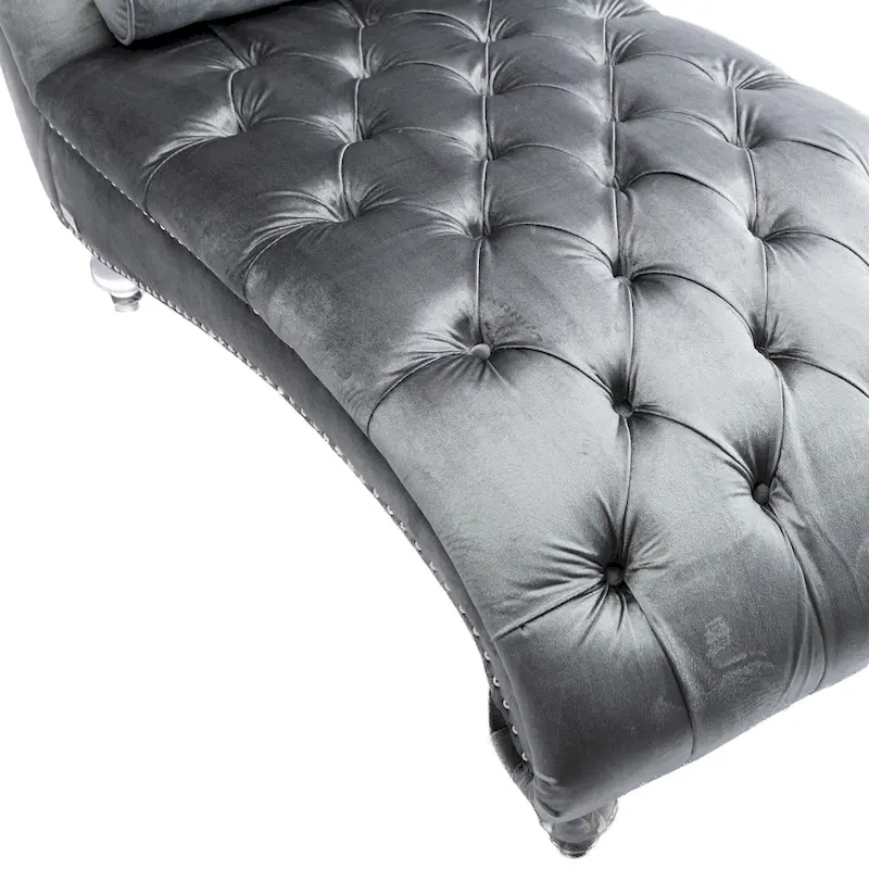 Button-Tufted Upholstered Velvet Recliner Chaise with Pillow and Acrylic Feet